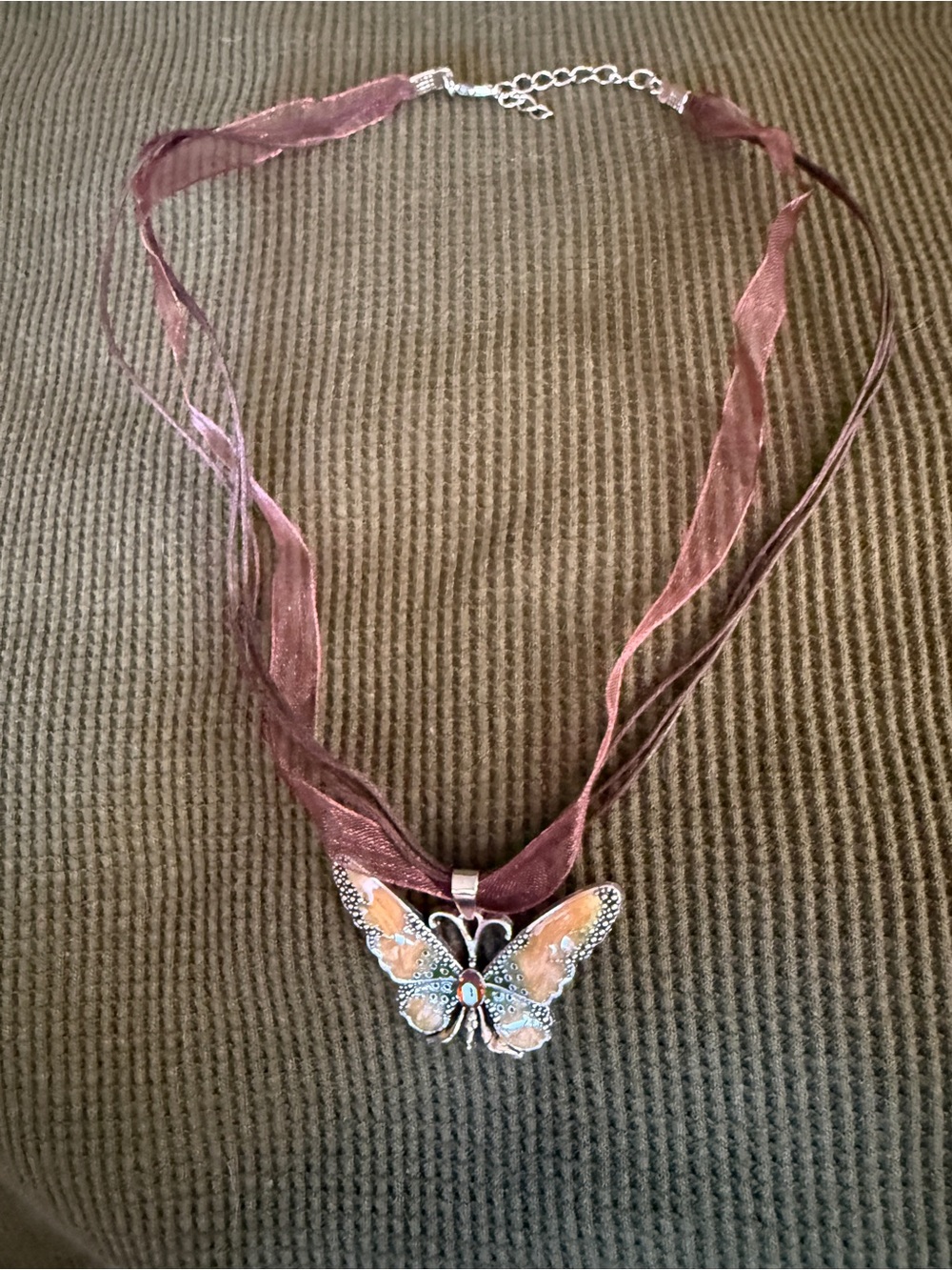Yellow Butterfly Pendant Ribbon Necklace - Pink